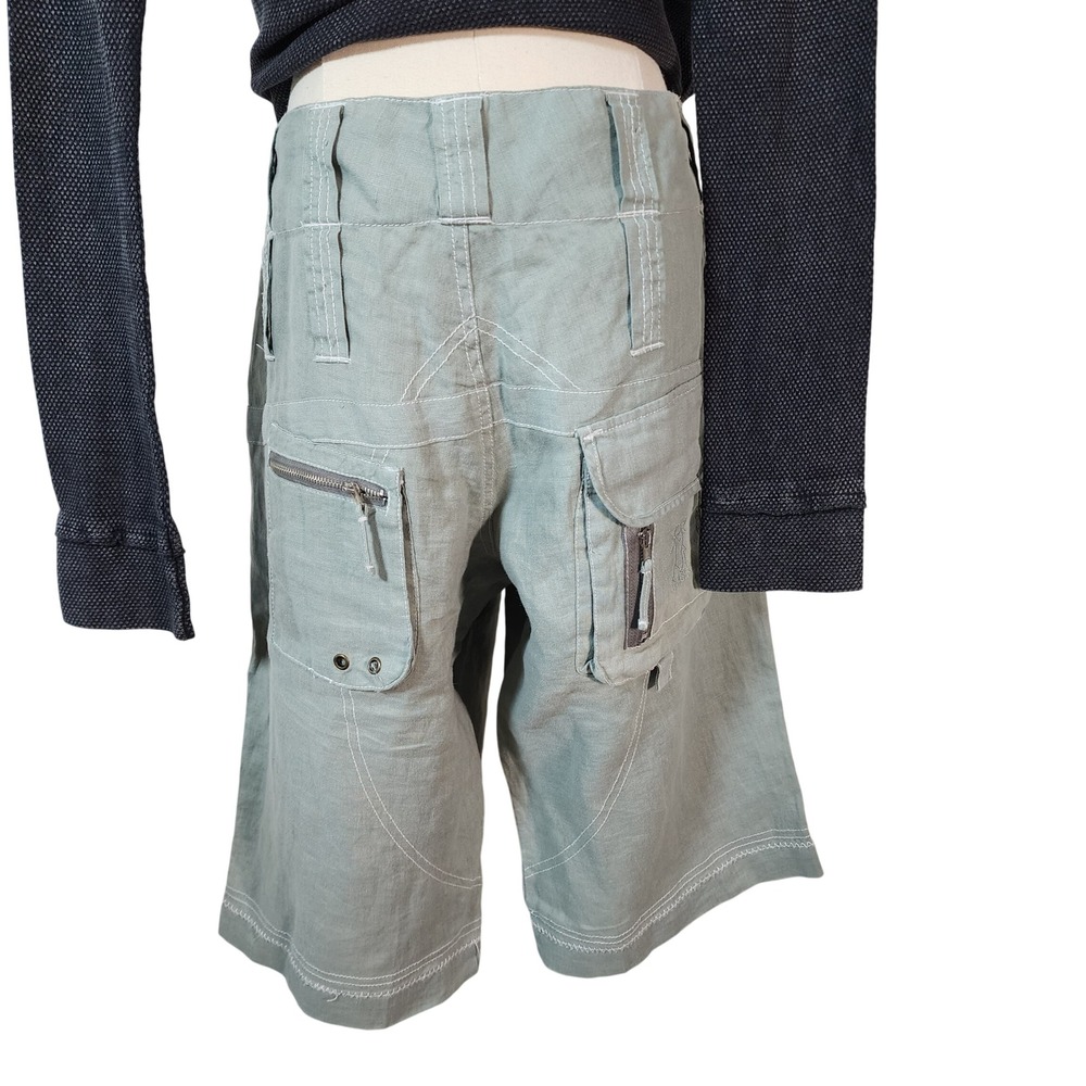 Pete & Greta Unisex Linen Cargo Shorts Olive Green Zipper Pockets Size 6